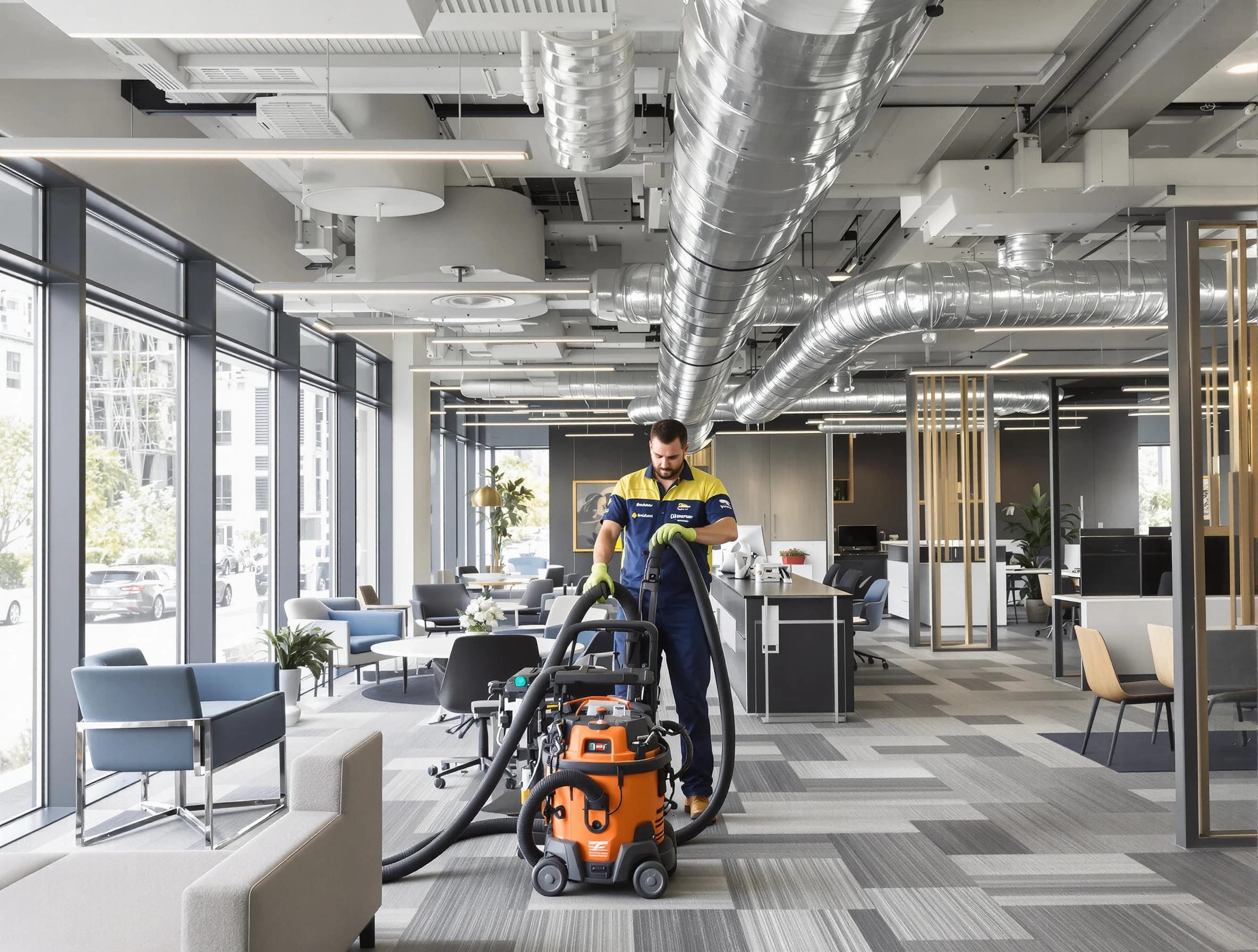 Tucker Air Duct Cleaning team performing thorough commercial duct cleaning at a Tucker business center